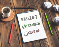 A notepad with the words: "Failed? Try again or give up" written on it (Success Through Failure episode 410: Two Game-Changing Concepts That Will Rewrite the Rules on Success and Failure)