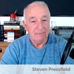 A screenshot of the video recording of my interview with Steven Pressfield (Success for the Athletic-Minded Man podcast episode #442 The Daily Pressfield: A Hero's Journey through Life's Grind with Steven Pressfield)